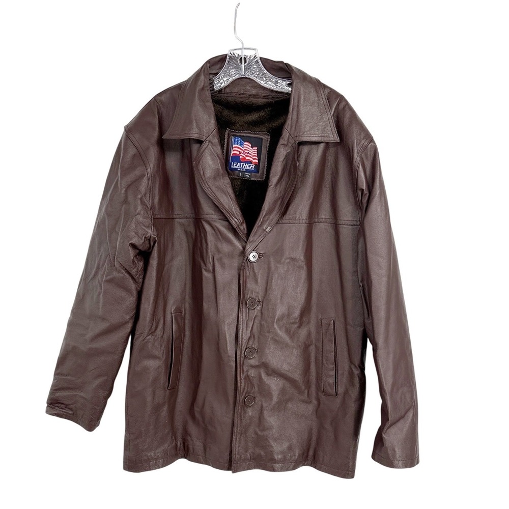 USA Leather Brown Men Coat Large Zip Out Lining Warm Excellent button closure
